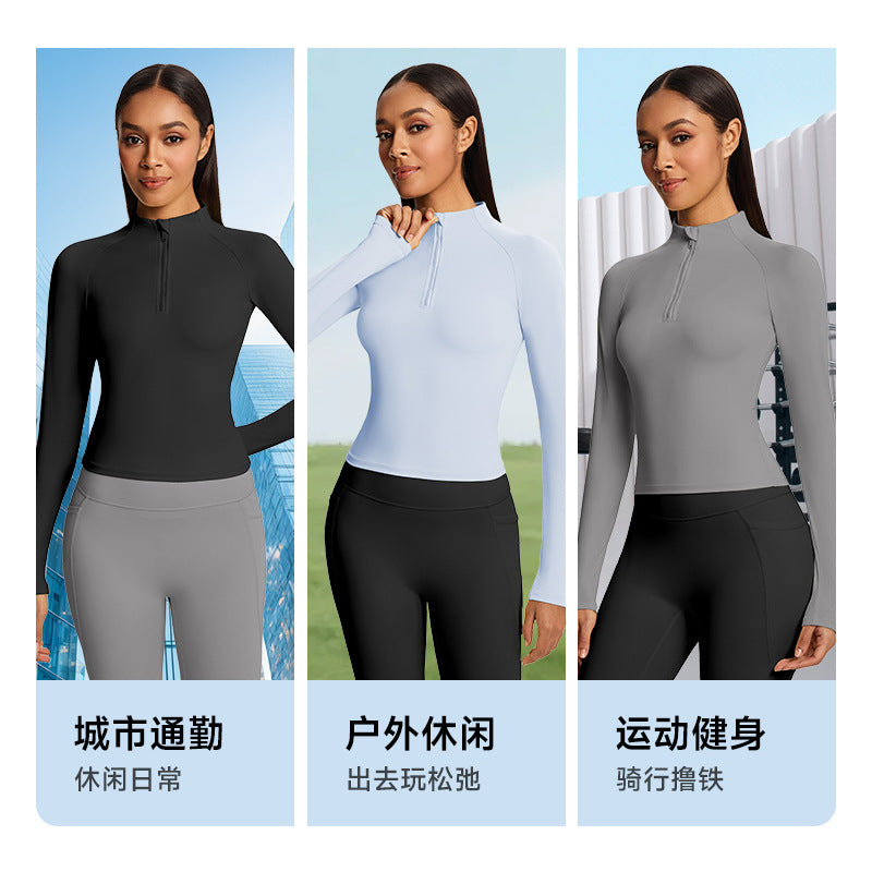 Jinke fall and winter stand-up collar yoga clothes running slimming looklong sleeves half-zip sports tops women's silm elastic fitness clothes