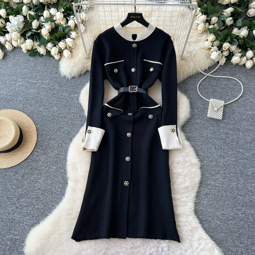 Fall and winter tweed stylelong sleeveselegantdress socialiteelegance metal button decoration waist slit knitting long skirt
