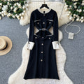 Fall and winter tweed stylelong sleeveselegantdress socialiteelegance metal button decoration waist slit knitting long skirt