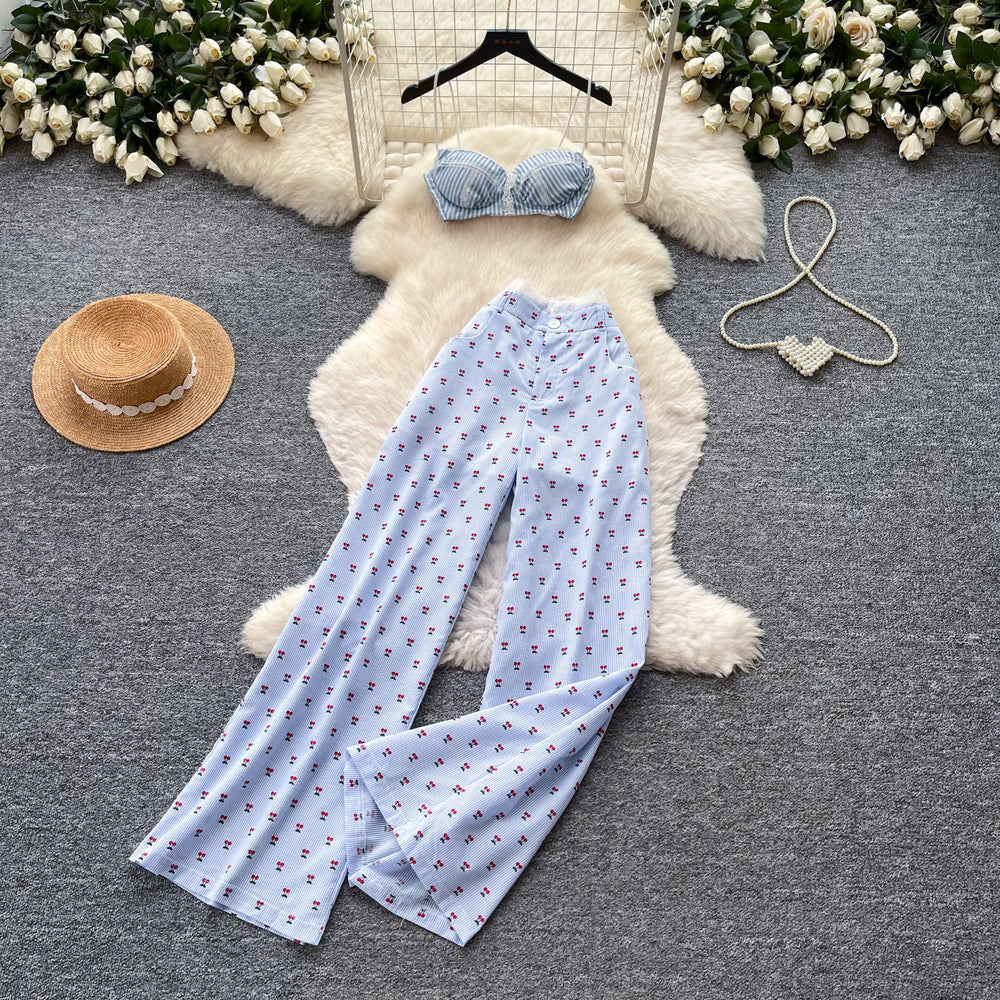 Lazy style vest wide-leg pants two-piece set women's summercasualstripeshigh waist cherry slimming lookwork clothingelegantsuit