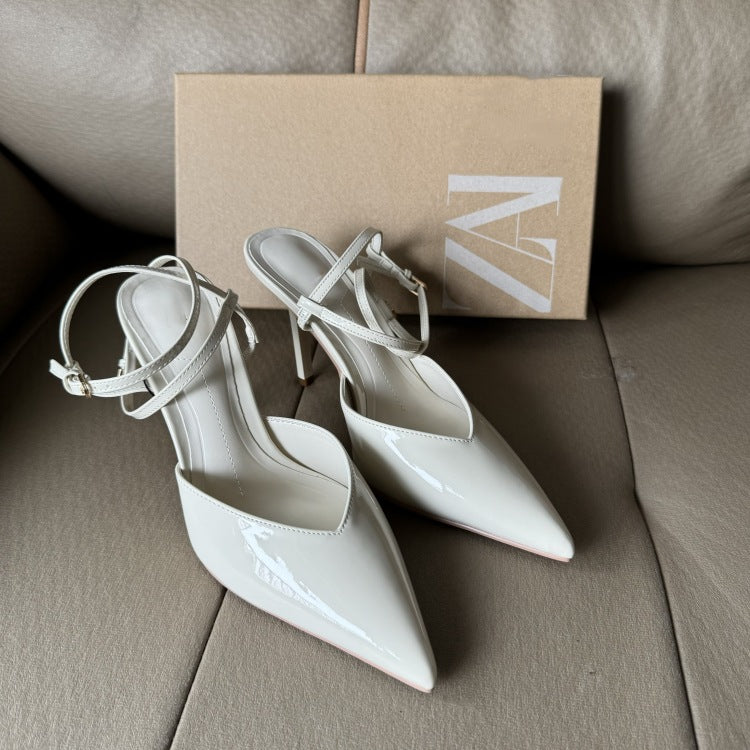 Summer new arrivals: women's white patent leather high heels - pointed toe, sexy professional sandals, closed-toe, open back