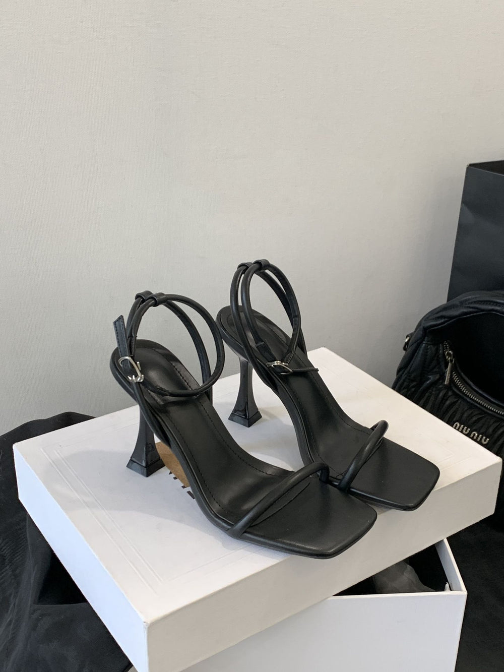 2025 summer french style square toe ankle strap stiletto heel sandals - solid color mid-heel women's shoes
