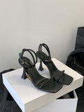 2025 summer french style square toe ankle strap stiletto heel sandals - solid color mid-heel women's shoes