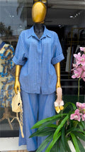 European and american cross-border women's fashion:  summer new collection - striped turn-down collar short-sleeve shirt and high-waisted wide-leg pants set