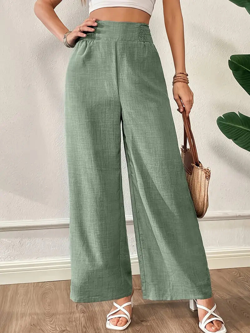 european and american cross-border  spring/summer new women's solid color shirred patchwork high-waisted slimming wide-leg pants