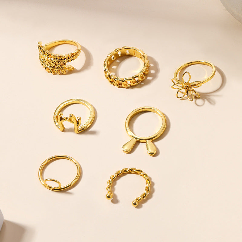 18k ring wholesale european and american cross-border ins style jewelry retro gold leaf flower rabbit horn stacked ring set for women