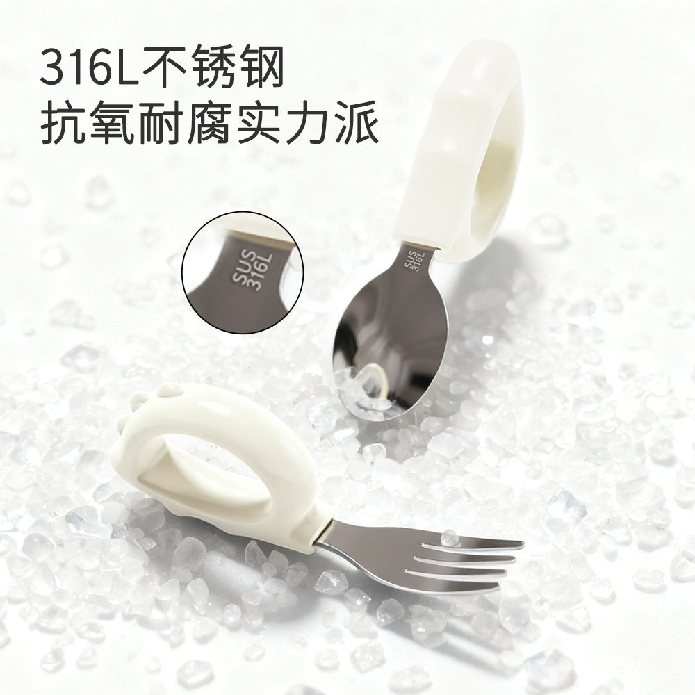 Wholesale children's stainless steel fork and spoon set, baby short-handled feeding fork and spoon, infant stainless steel training fork and spoon set