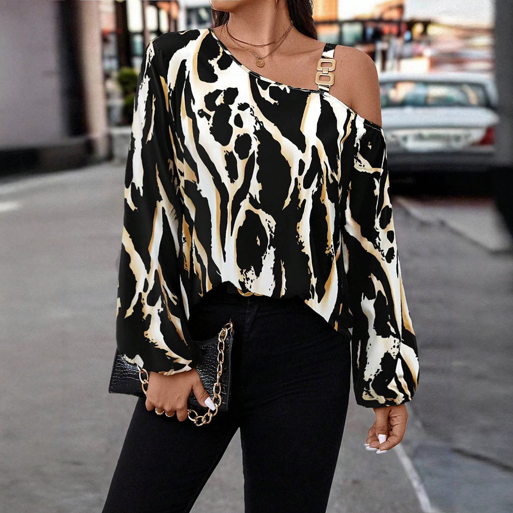 Exportfashion street style satinshirt asymmetrical off-shoulder metal square buckle suspender ink abstract printing long sleeves