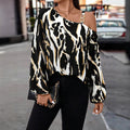 Exportfashion street style satinshirt asymmetrical off-shoulder metal square buckle suspender ink abstract printing long sleeves