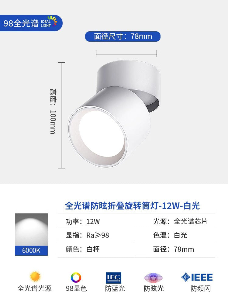 Full spectrum surface mounted downlight spotlight - no drilling, adjustable angle, bedroom ceiling light, folding hallway light, small light for home entrance