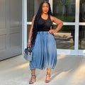 European and american cross-border women's fashion:  street style casual denim pants - elastic waist, straight leg, wide leg, capri length