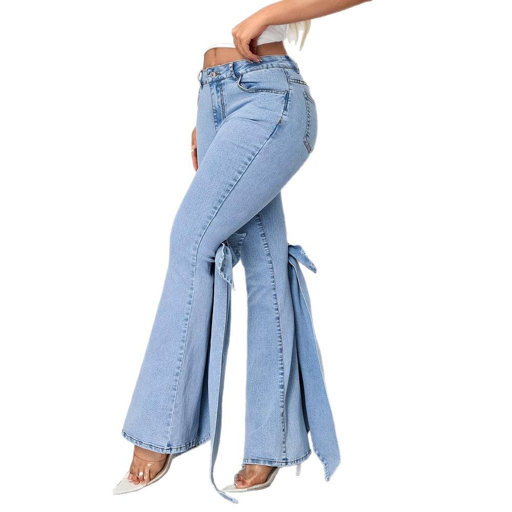 Fashionjeans women's bows slit slightly flared jeans washed high waist elastic silm mop hot style