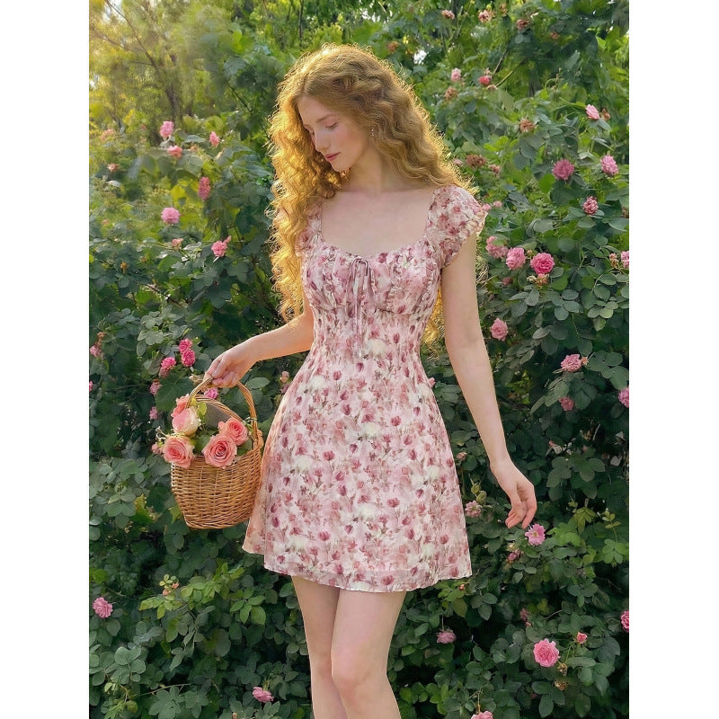Women's new summer french romantic elegant floral print cinched waist a-line mini dress - perfect for dates
