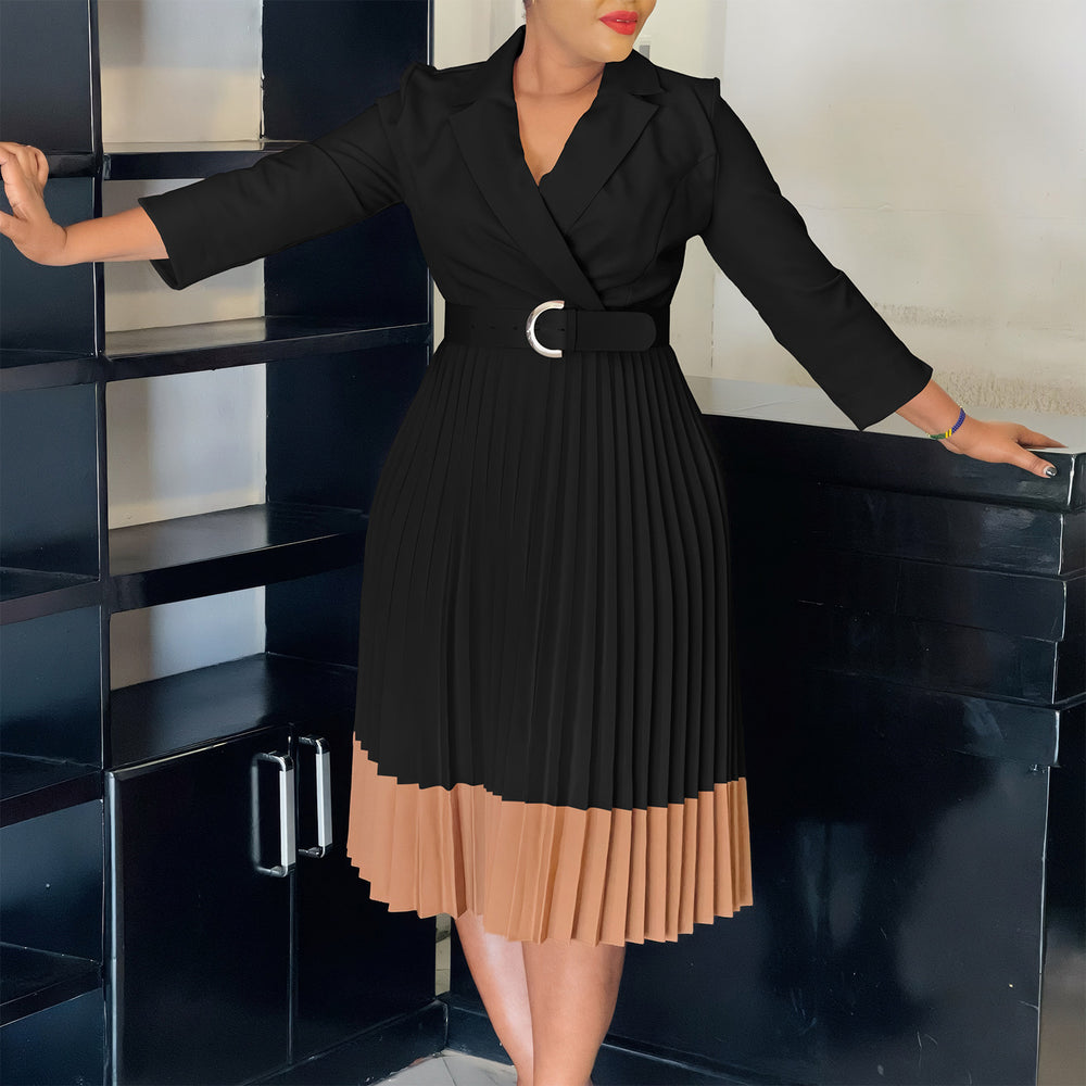 D3318  cross-border women's spring blazer collar fashion color block ol elegant pleated high waist african dress