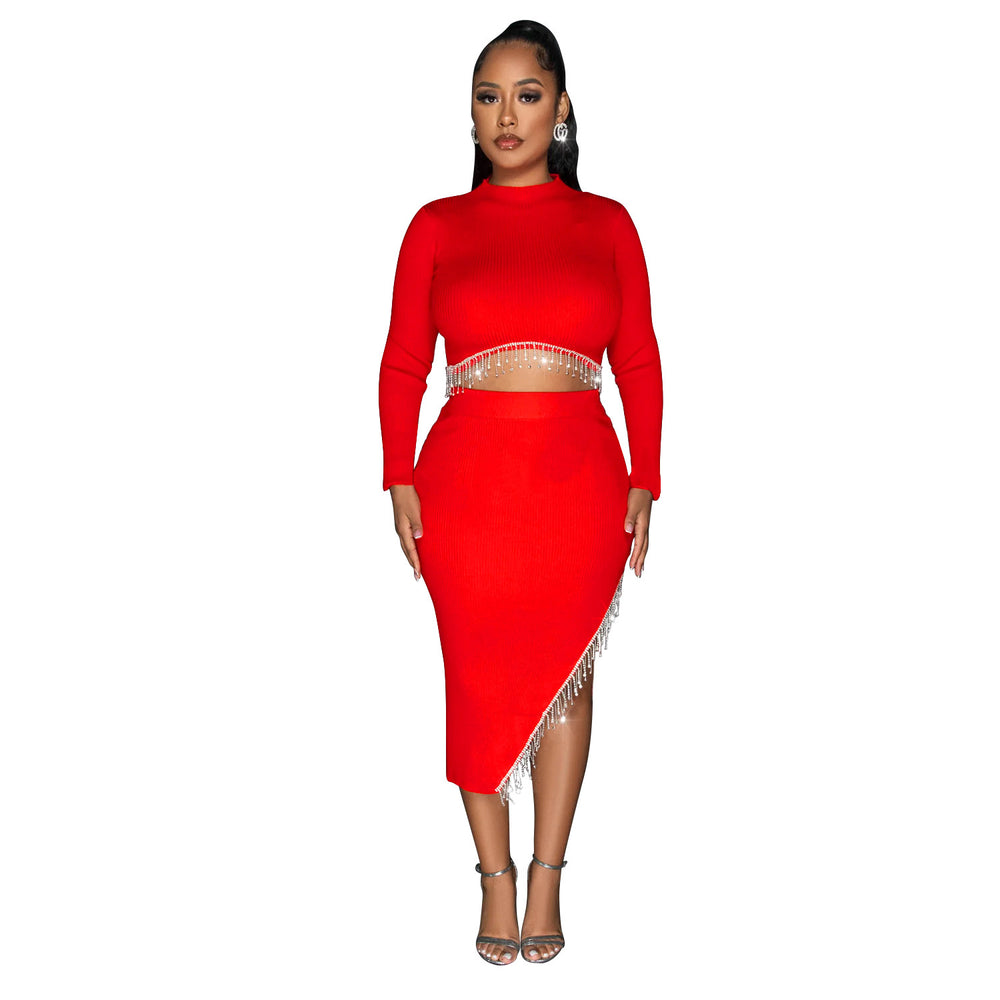 C6829 cross-border   fashion women's solid color long sleeve cropped two-piece dress set