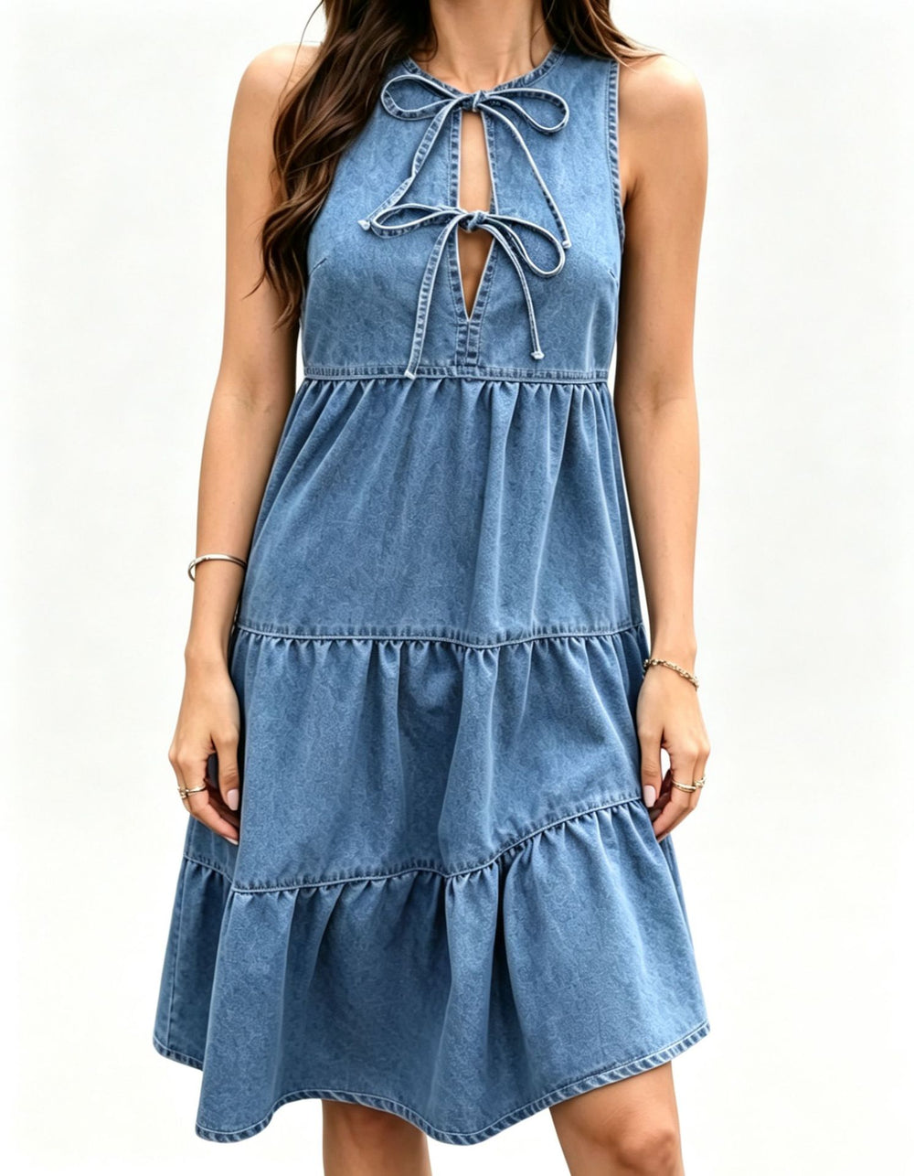 european and american summer new style bowknot sleeveless denim dress - women's european and american fashion trendy ruched mini dress