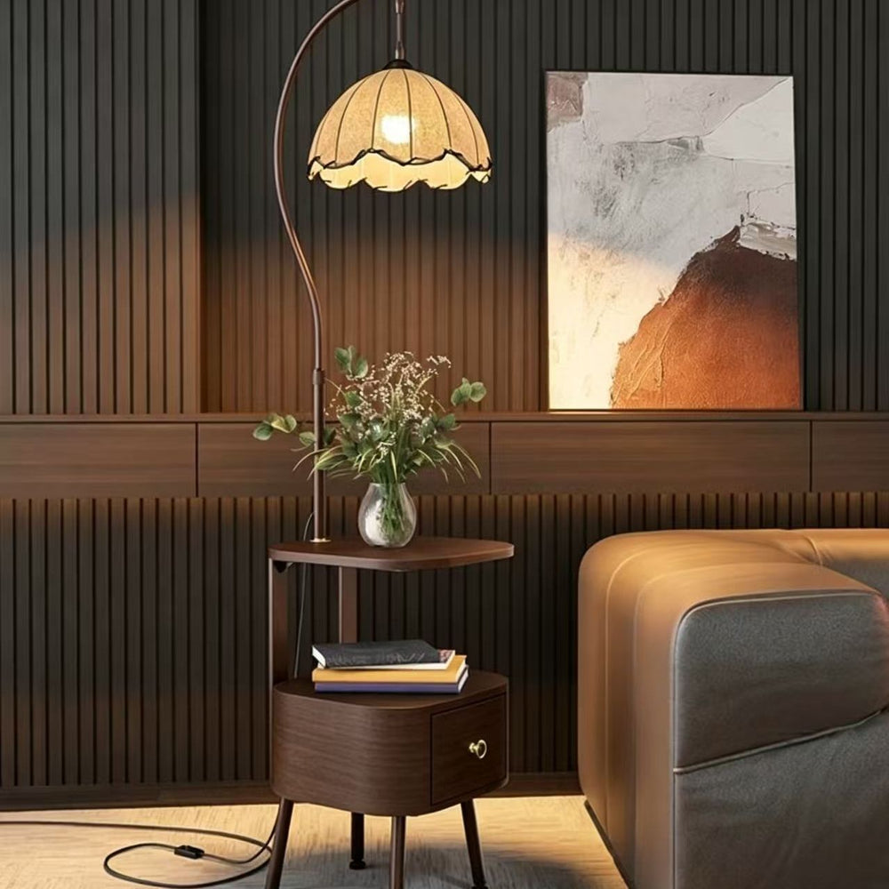 new french style bedside table - multifunctional solid wood nightstand with integrated floor lamp and storage shelf