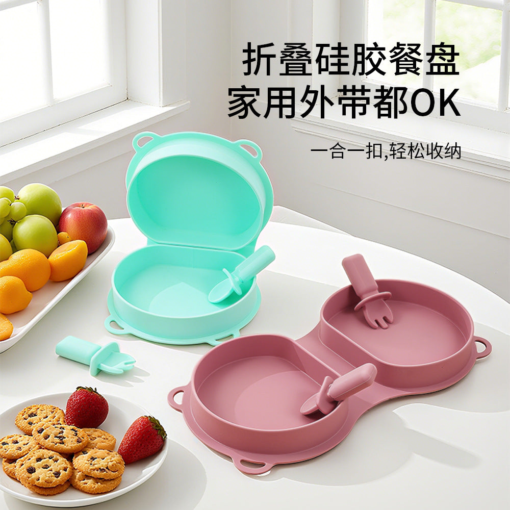 New Food Grade Silicone Toddler Plate Fork and Spoon Set Travel Silicone Baby Feeding Folding Lunch Box Set