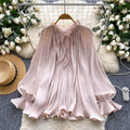 Gentle wind elegant bell sleeve pleated shirt for women autumfrenchlooseslimming lookcasualrufflestops