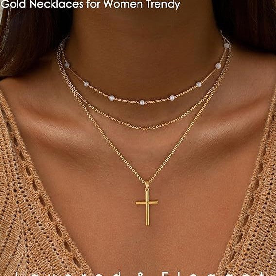 European and american cross-border new artificial pearl clavicle chain creative cross pendant necklace retro multi-layered necklace