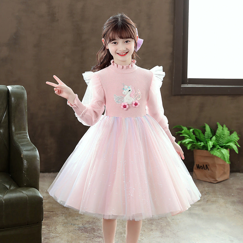 Girls' stylish dress elsa princess dress  new autumn and winter knitted sweater children's skirt mesh gradient