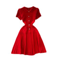 Frenchretro lapel short-sleeved dress female small fragrant style waist slimming lookelegant single-breasted button age-reducing sweater skirt