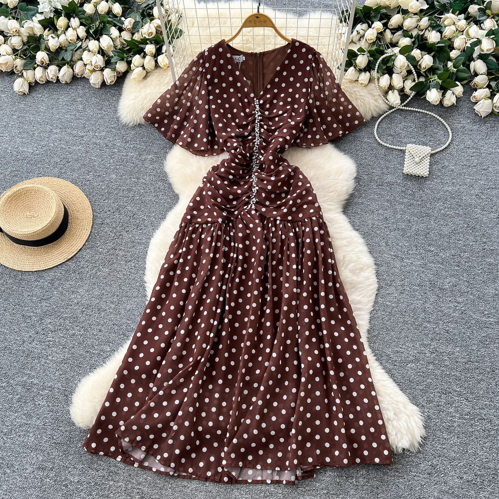French-style embellished v-neck flared sleeve bodycon dress - women's 2025 summer slimming chic polka dot chiffon maxi dress