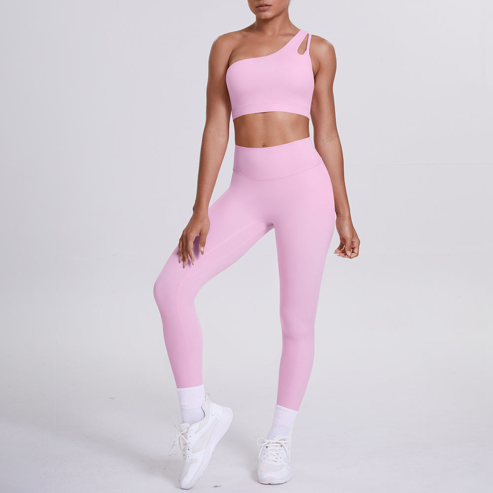 fashion double-sided nylon brushed single-shoulder yoga suit sports running fitness pants two-piece set for women
