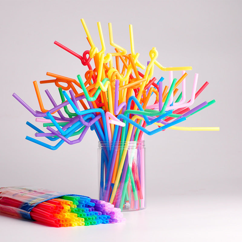Disposable art straws individually packaged food grade colorful plastic straws hand-bent beverage straws bagged