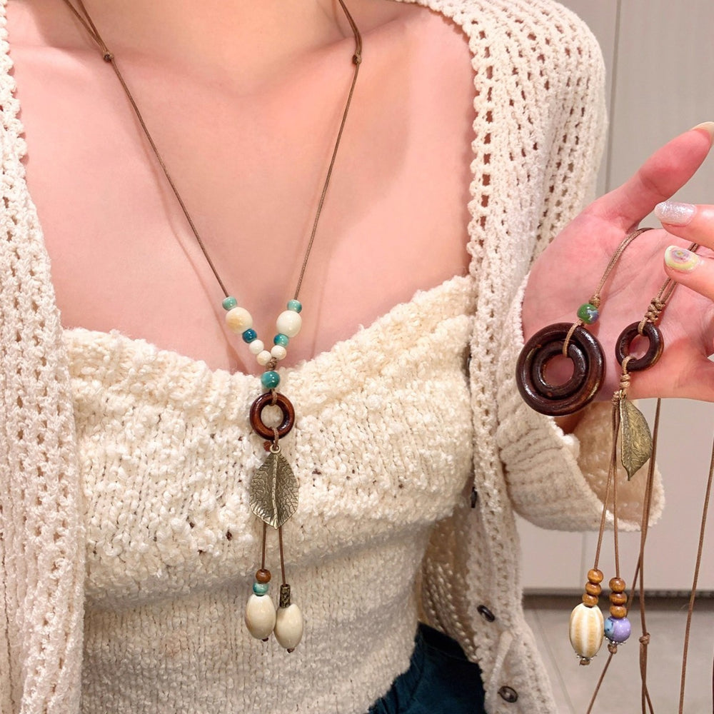 Beach vacation new chinoiserie zen ceramic pendant necklace women's bohemia ethnic style long accessories lanyard