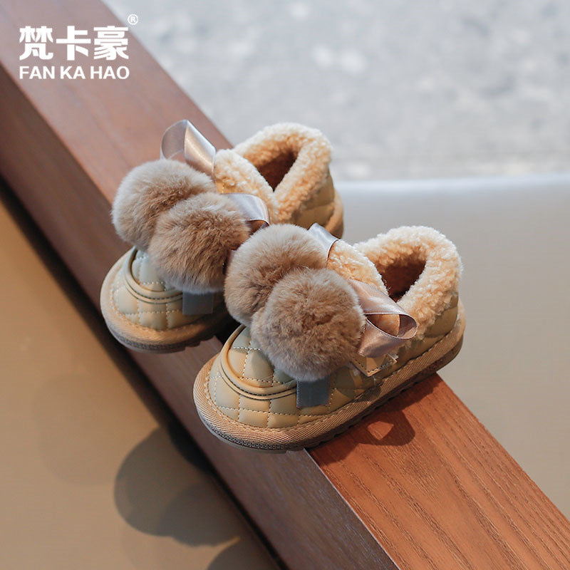 winter new arrivals: girls' fleece-lined cotton shoes - versatile bow-tie casual ankle boots for students (sizes for mid-to-large children)