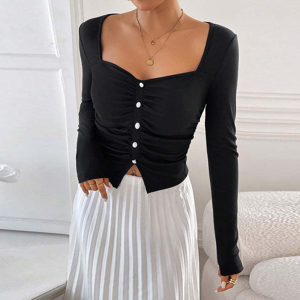 Amazon cross-border european and american women's clothing french chic square neck t-shirt - spring/summer elegant high-end slim fit top
