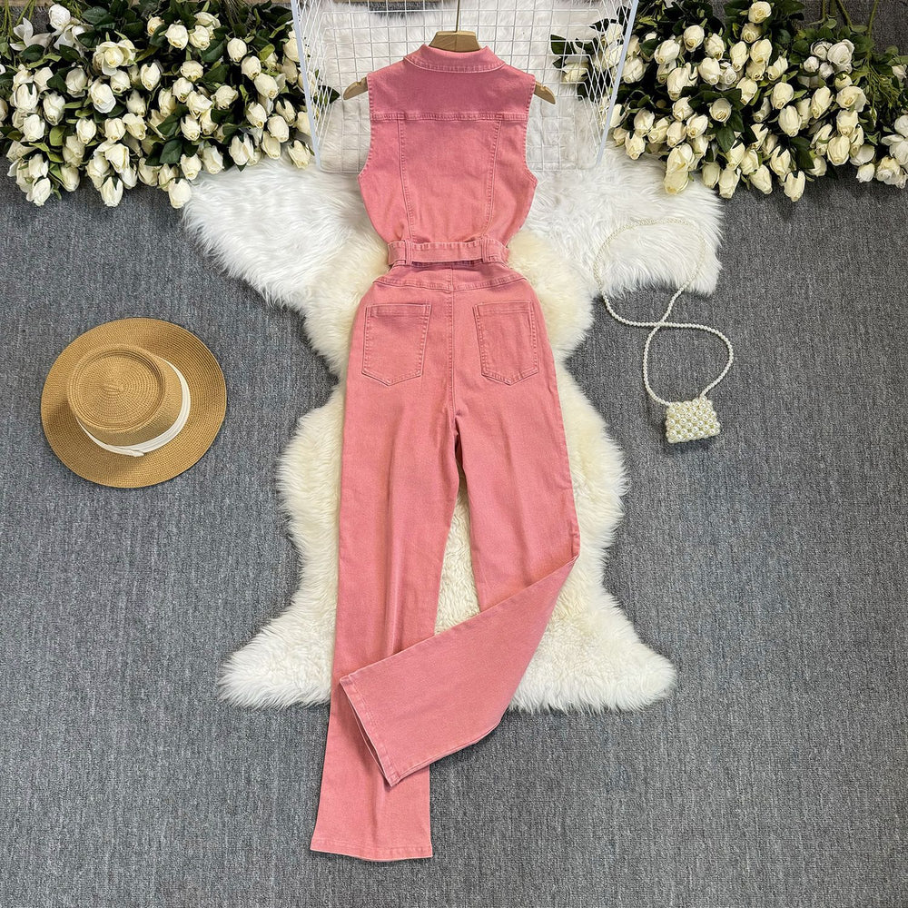 Hong kong style retrochicsense of design strap waist slimming look lapel metal buckle jeans jumpsuit