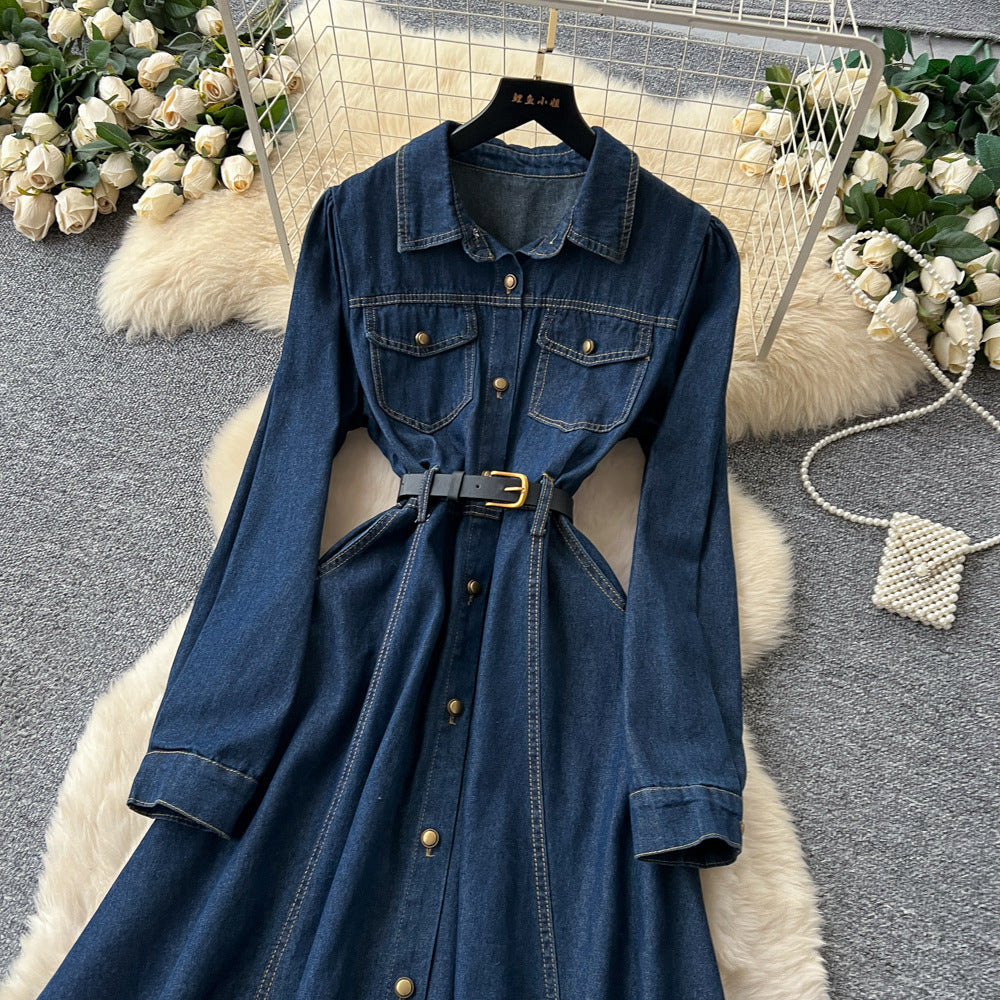 Work clothingretro denim lapel long sleevesnew arrivaldress women's waist slimming look a-line fashion long skirt eleganceelegant