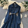 Work clothingretro denim lapel long sleevesnew arrivaldress women's waist slimming look a-line fashion long skirt eleganceelegant