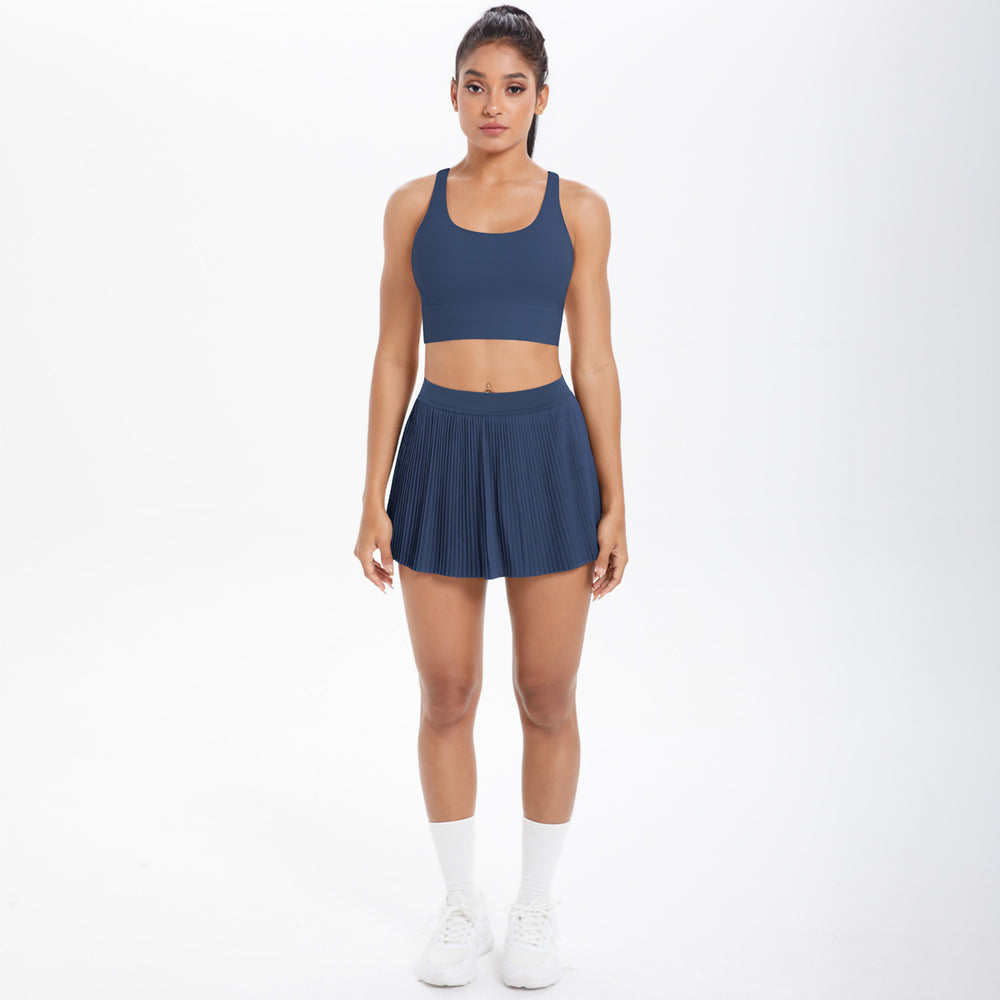 Cloud-feel quick-dry breathable anti-exposure undershirt tennis pleated skirt sports bra set for women's running, fitness, and yoga