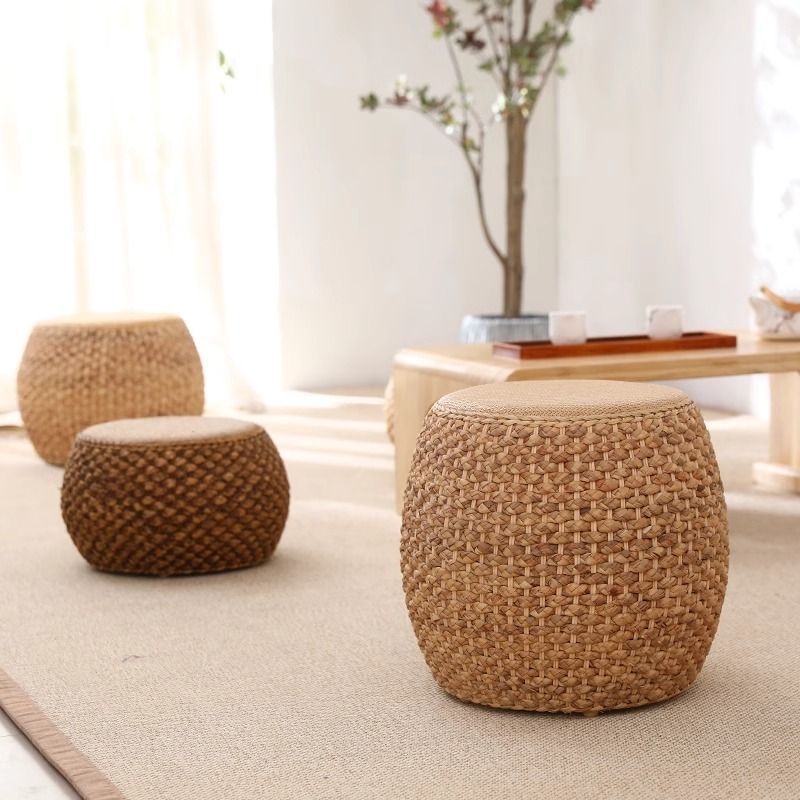 Rattan chinoiserie solid wood straw makeup low drum stool for home living room coffee table shoe changing stool guzheng piano board tall round stool