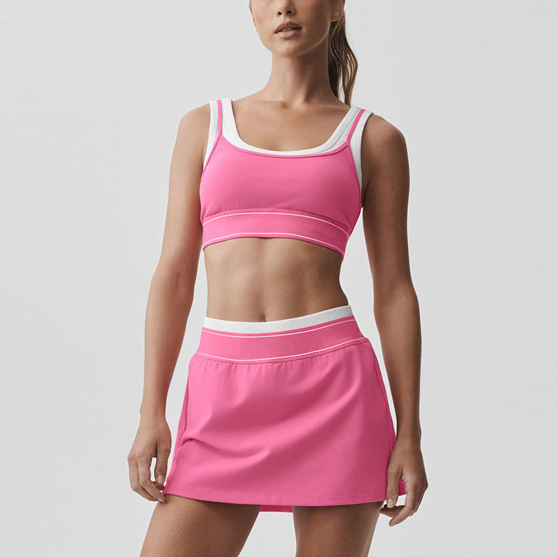 new arrivalfake two-piececontrast color white striped suspender running sports intimates bra tennis skirt yoga suit