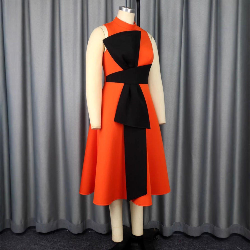 new plus size color block dress - bow tie waist a-line midi party dress