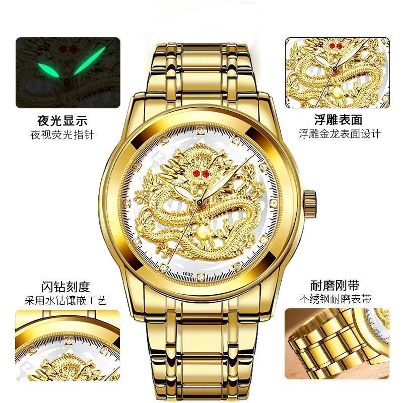 Finzon embossed gold dragon watch - men's waterproof non-mechanical watch with diamond and ruby accents, dragon face, stylish for middle-aged and elderly men
