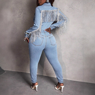 Pre-sale-65685# foreign trade women's fashion european and american ins elastic fashion tassel long sleeve denim jumpsuit