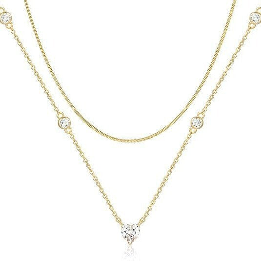 European and american style layered heart rhinestone pendant stainless steel necklace - women's high-end, light luxury clavicle chain wholesale