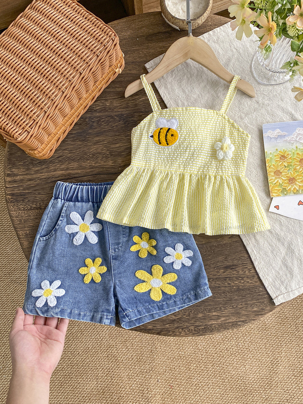 Kids clothing cross-border exclusive for european and american girls new arrival children's yellow suspender tops + blue shorts