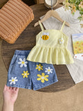 Kids clothing cross-border exclusive for european and american girls new arrival children's yellow suspender tops + blue shorts