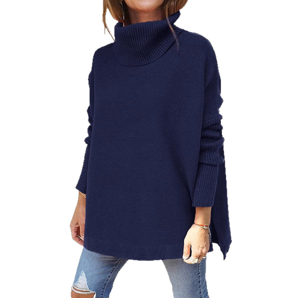 2022 amazon cross-border high neck sweater, mid-length batwing sleeve, cinched hem, pullover knit sweater for women