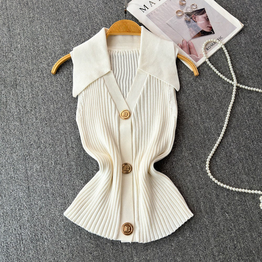 Xiaoxiangfeng knitting vest for women summer thin stylesenseniche stylepolo collar slimming lookshort chichaltertops