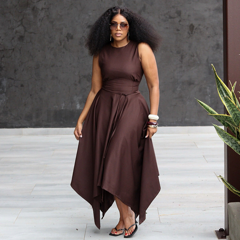 European and american women's clothing  autumn new collection: sweet and fresh round neck sleeveless high-waisted slimming a-line skirt with asymmetrical hem