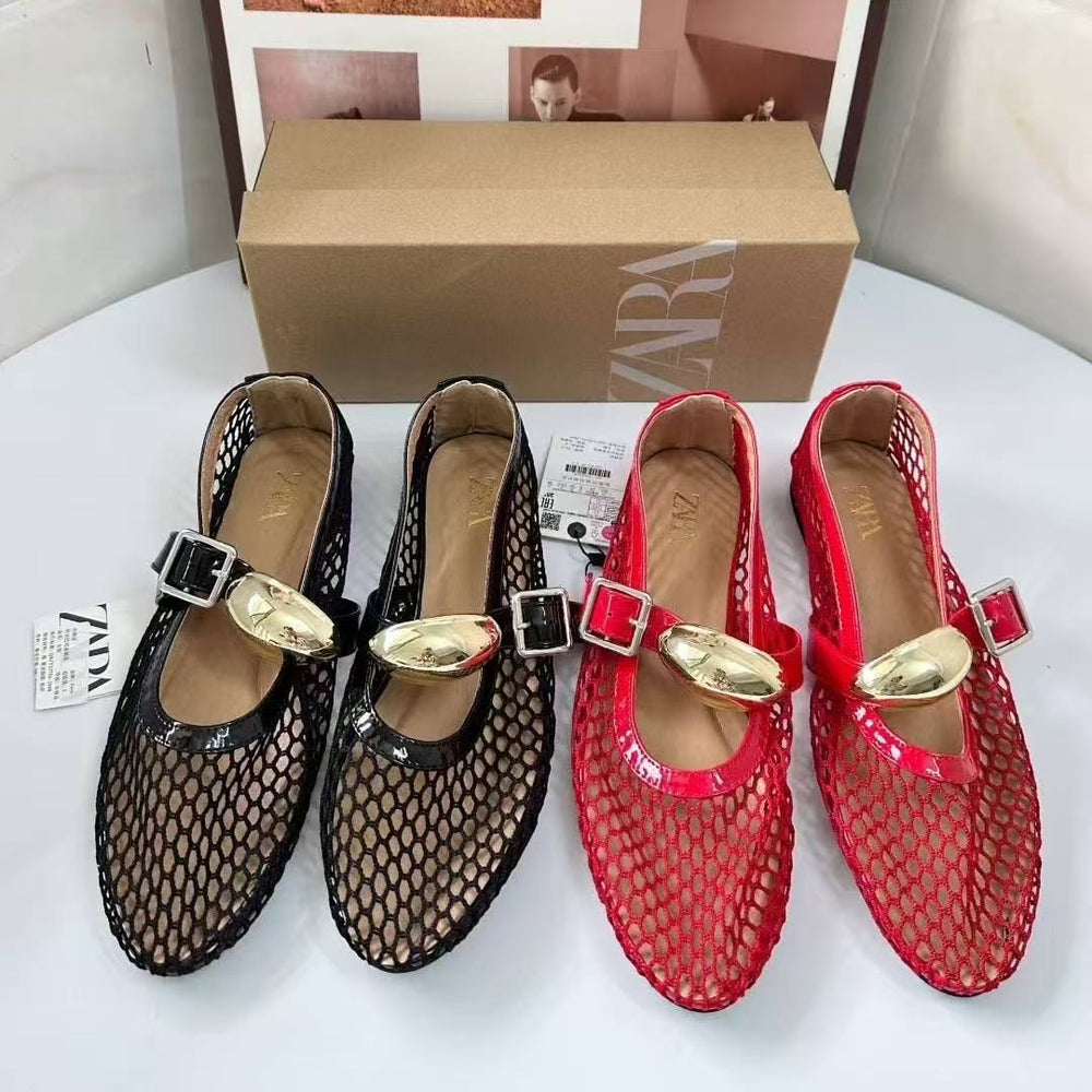 Metal buckle fishnet cut outflatsmary jane flats women's springfrench one-piece ballet mesh sandals for women