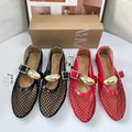 Metal buckle fishnet cut outflatsmary jane flats women's springfrench one-piece ballet mesh sandals for women