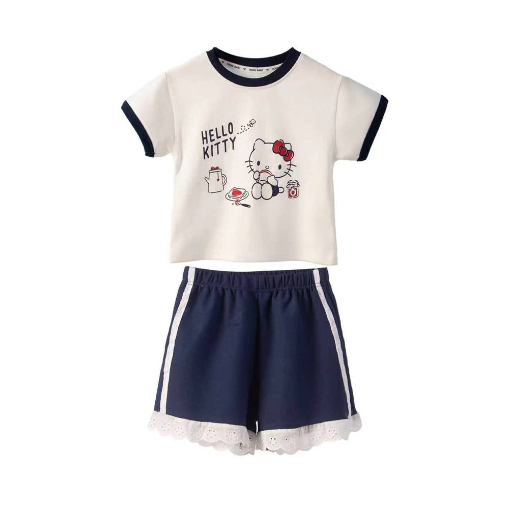 Girls' summer outfit set, new  korean style cartoon kt print short sleeve and shorts, class a pure cotton sweet set